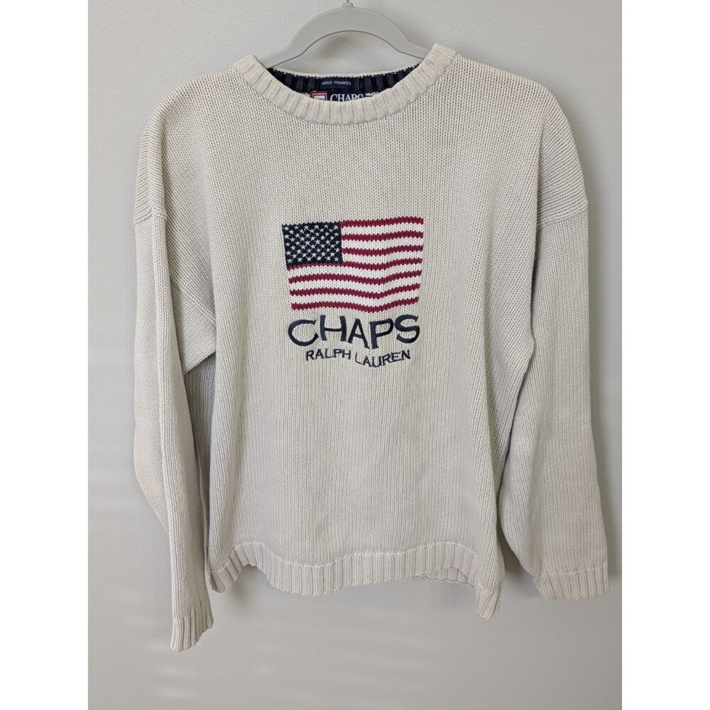 Vintage Chaps Ralph Lauren Flag Chunky Knit Sweater Cream Size Large Preppy